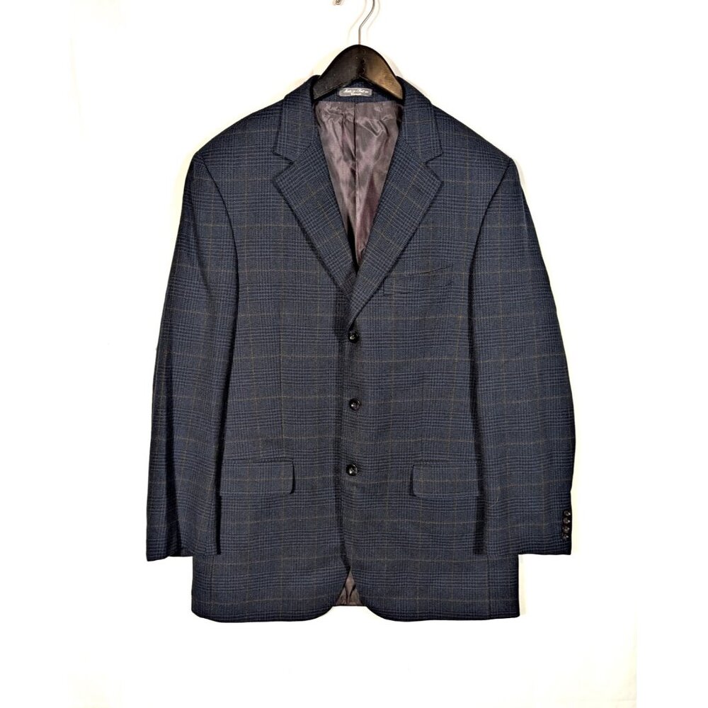 Britches of Georgetowne 42L Navy Blue Glen Plaid Wool & Cashmere Blazer Jacket